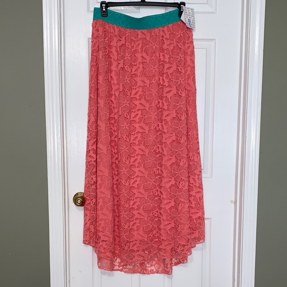 LuLaRoe XL Lucy Coral Skirt With Teal Waistband NWT